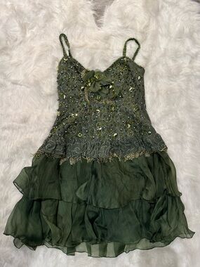 Embellished Olive Green Tiered Chiffon Dress